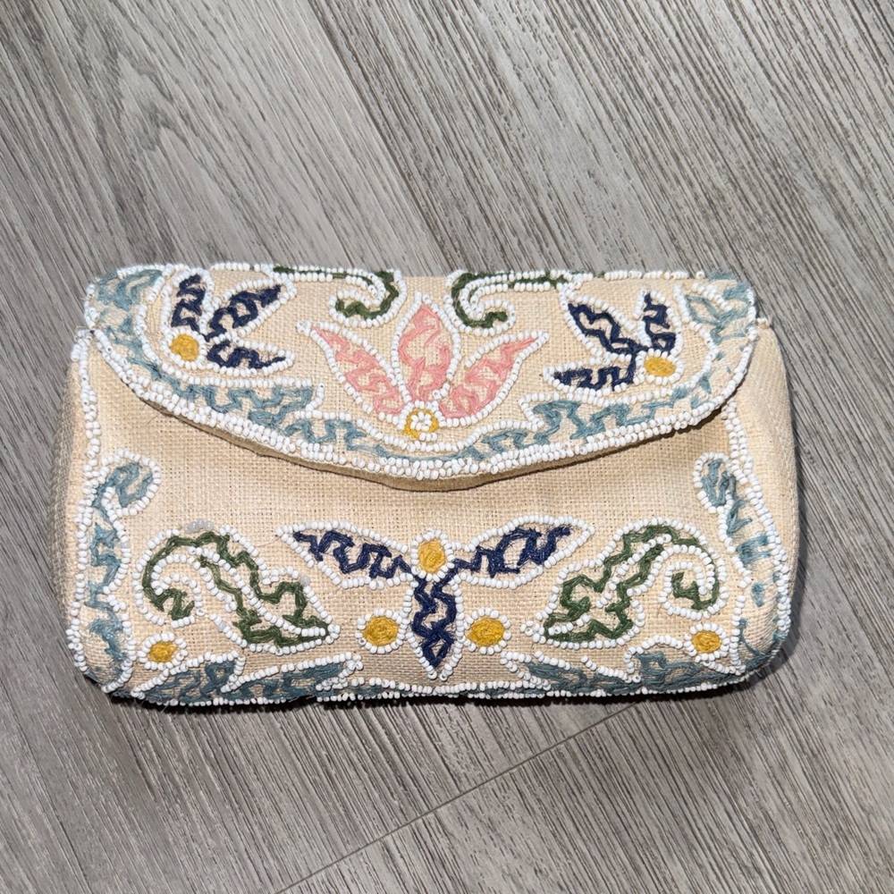 Saks Fifth Avenue Beige Embroidered Clutch Made in France